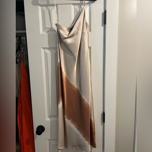 Brown and Cream One Shoulder Midi Dress